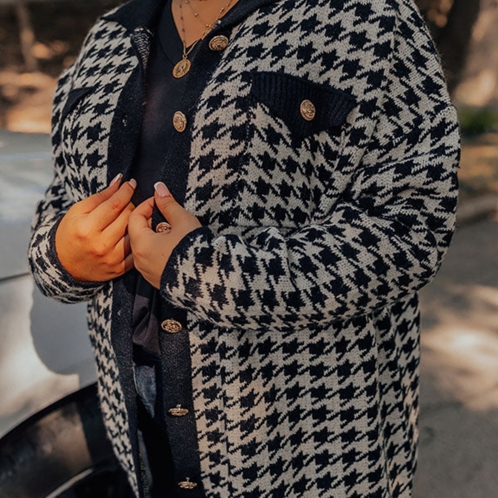 Houndstooth Cardigan with Gold Buttons